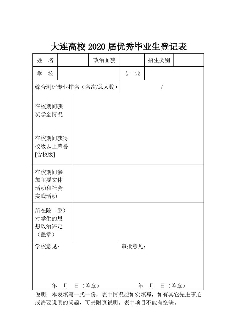 大连高校2020届优秀毕业生登记表