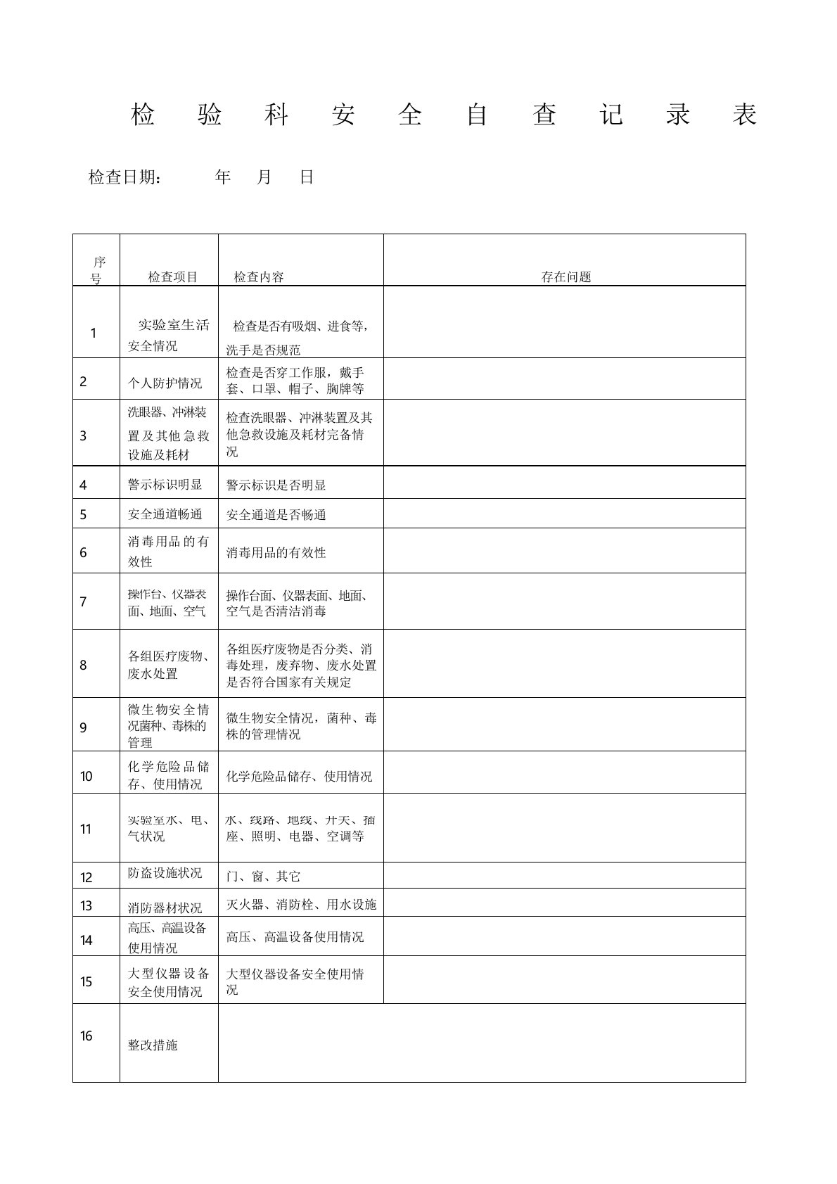 检验科每月安全检查记录表