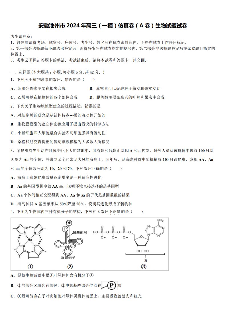 安徽池州市2024年高三(一模)仿真卷(A卷)生物试题试卷含解析