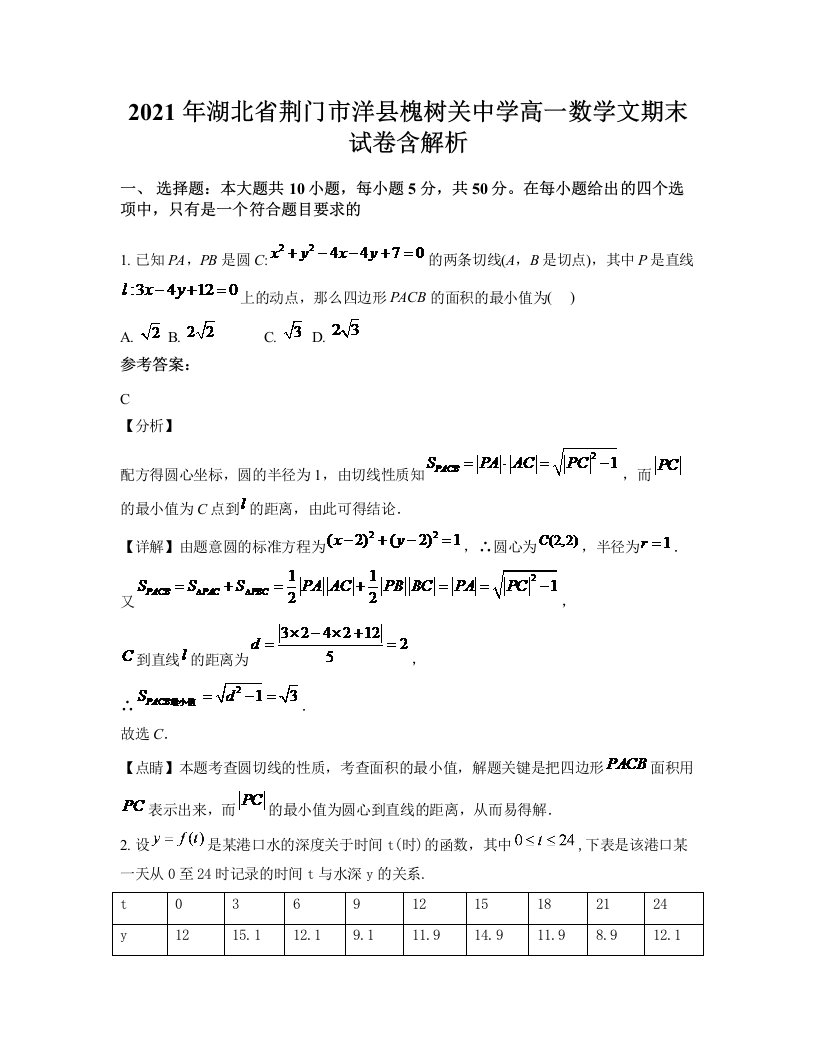 2021年湖北省荆门市洋县槐树关中学高一数学文期末试卷含解析