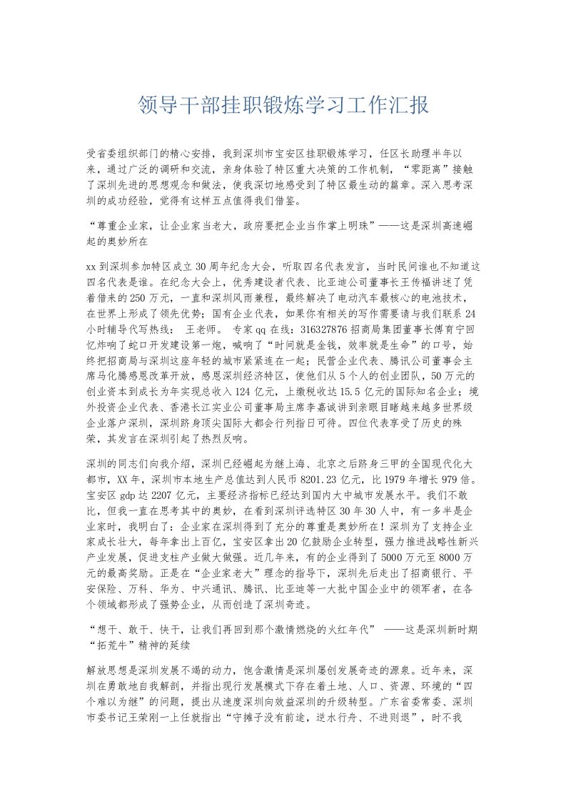 总结报告领导干部挂职锻炼学习工作汇报