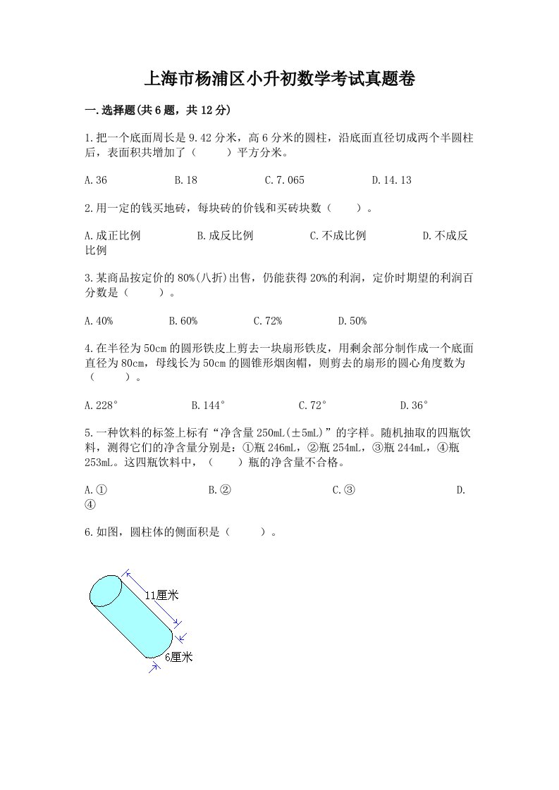 上海市杨浦区小升初数学考试真题卷完美版