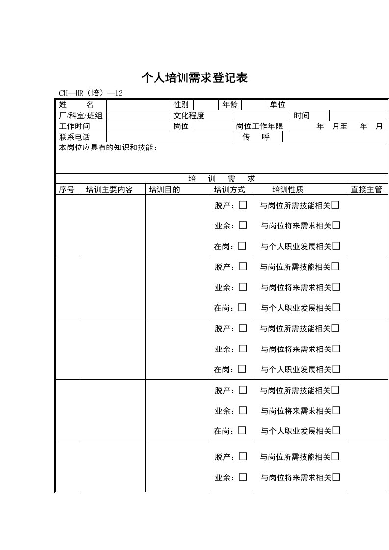 表格模板-个人培训需求登记表02