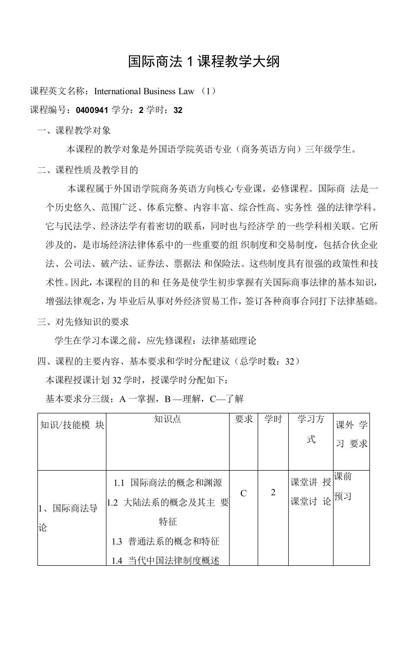 国际商法1课程教学大纲