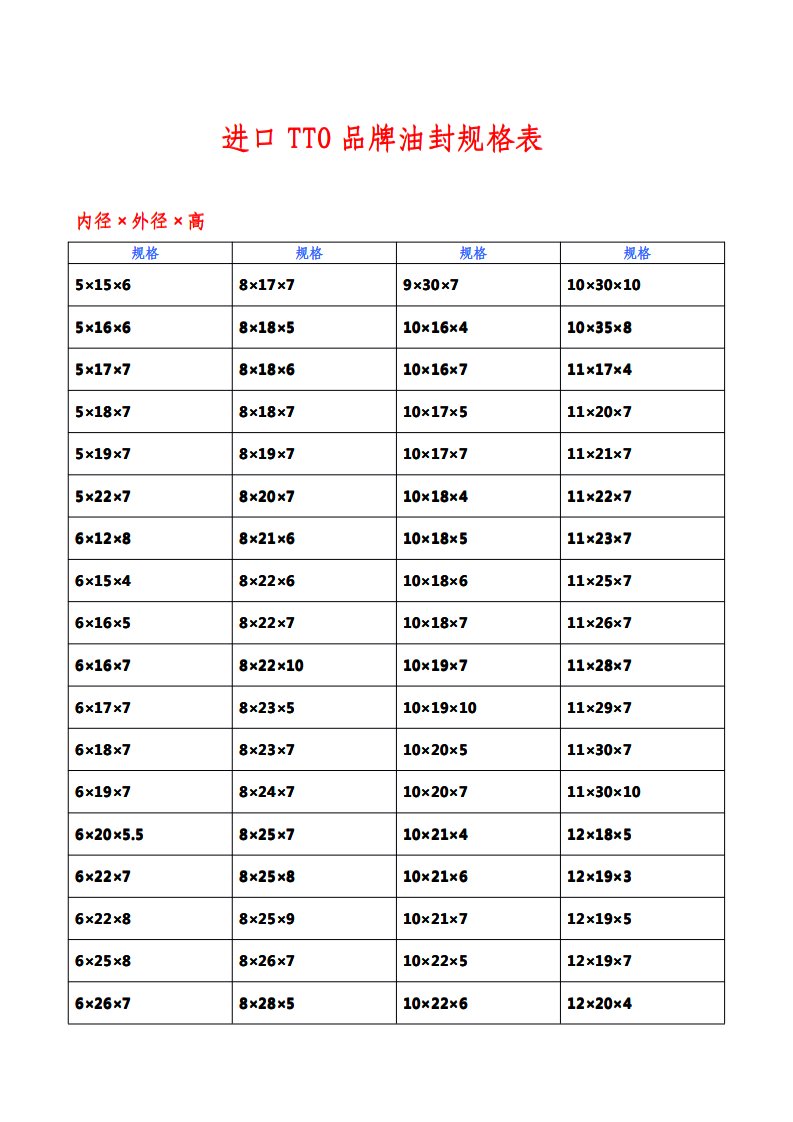 标准油封规格表