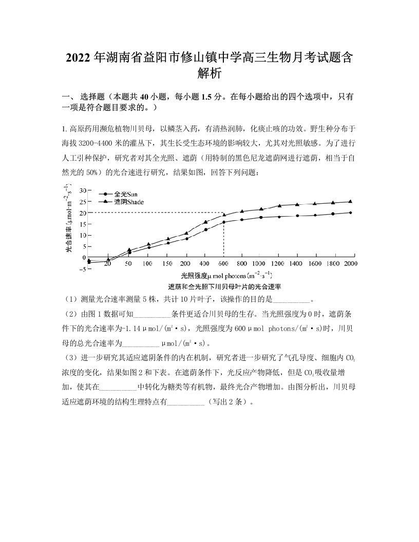 2022年湖南省益阳市修山镇中学高三生物月考试题含解析