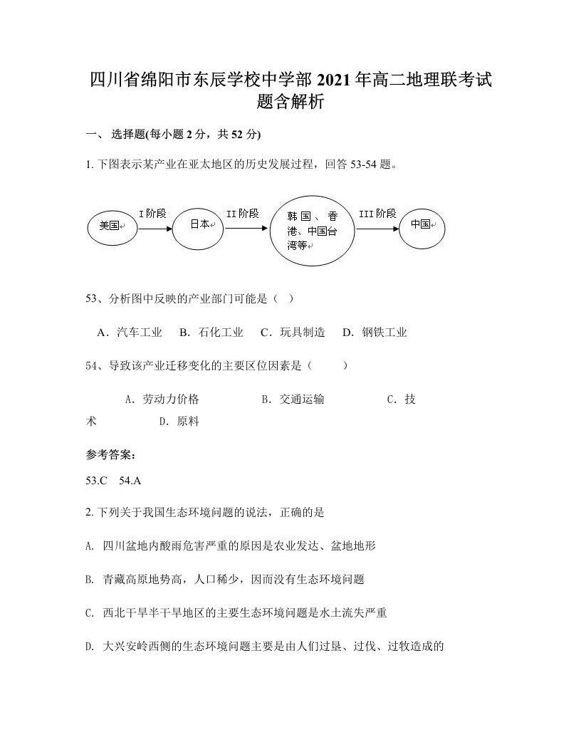 四川省绵阳市东辰学校中学部2021年高二地理联考试题含解析