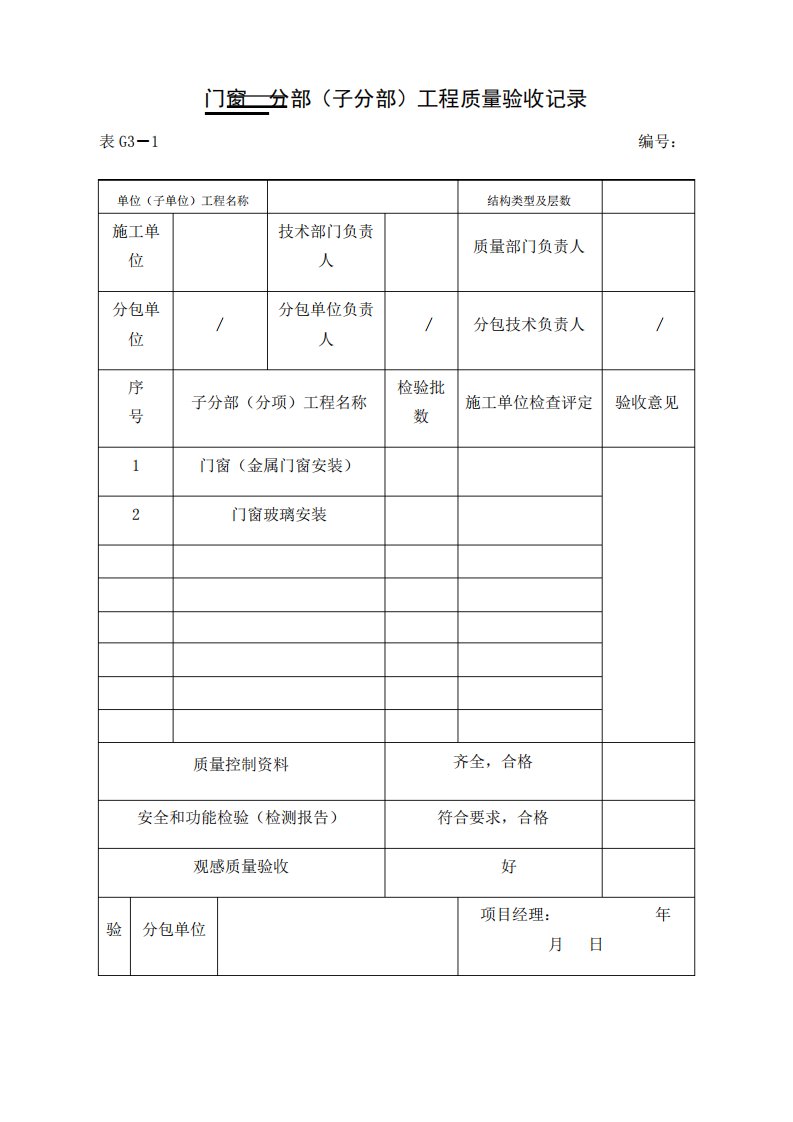 门窗分项工程质量验收记录1