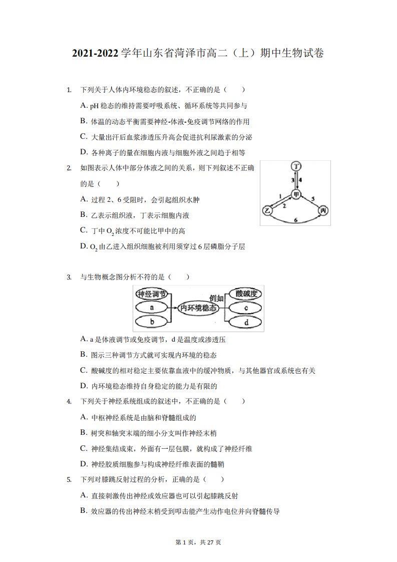 2021-2022学年山东省菏泽市高二(上)期中生物试卷-附答案详解