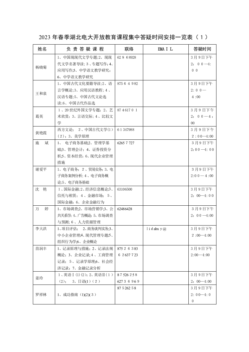 2023年春季湖北电大开放教育课程集中答疑时间安排一览