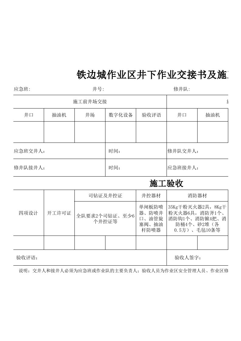 井下作业交接书及开工验收