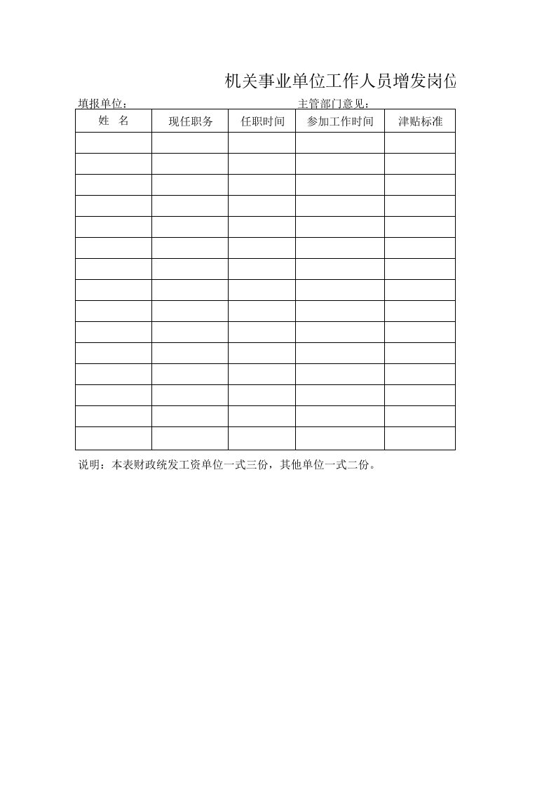 机关事业单位工作人员增发岗位津贴花名册