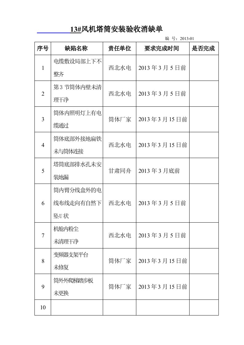 风机验收消缺单