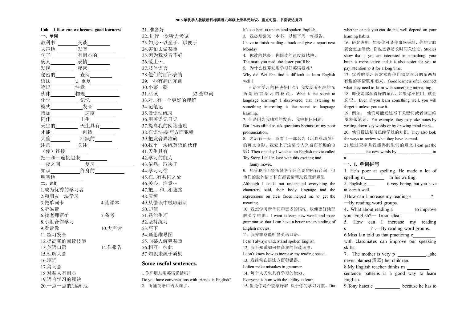 2015年秋季人教版新目标英语九年级上册单元知识重点句型书面表达复习unit