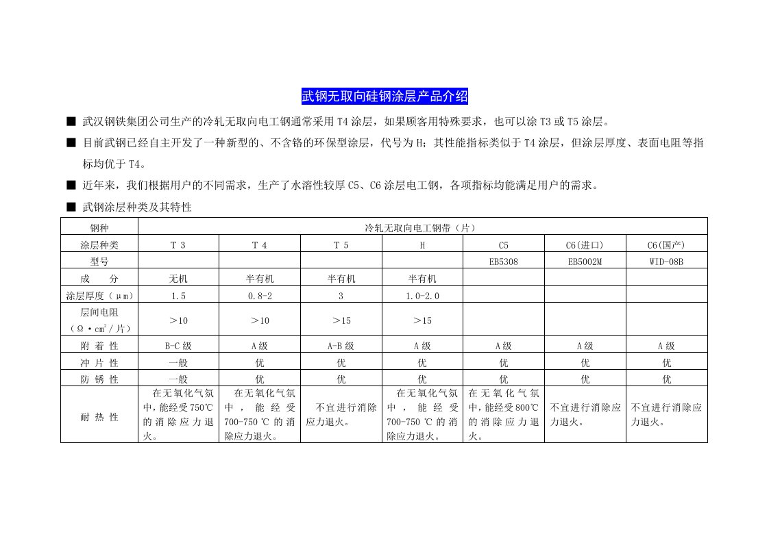 武钢无取向硅钢涂层产品介绍参考资料