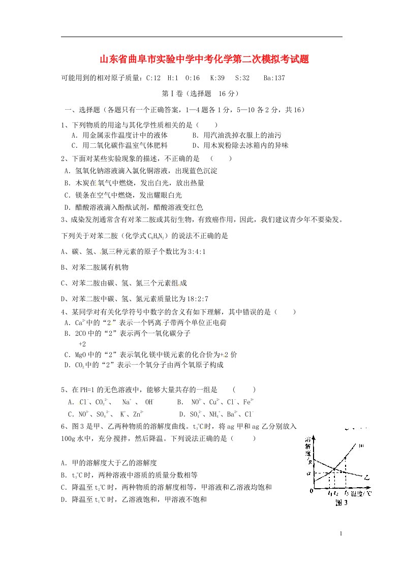 山东省曲阜市实验中学中考化学第二次模拟考试题