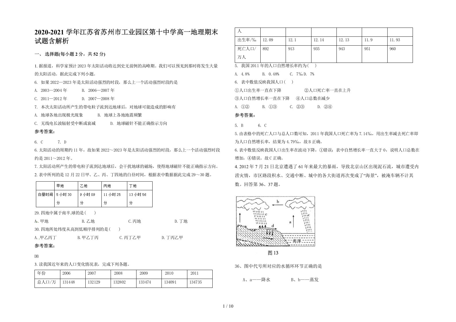 2020-2021学年江苏省苏州市工业园区第十中学高一地理期末试题含解析