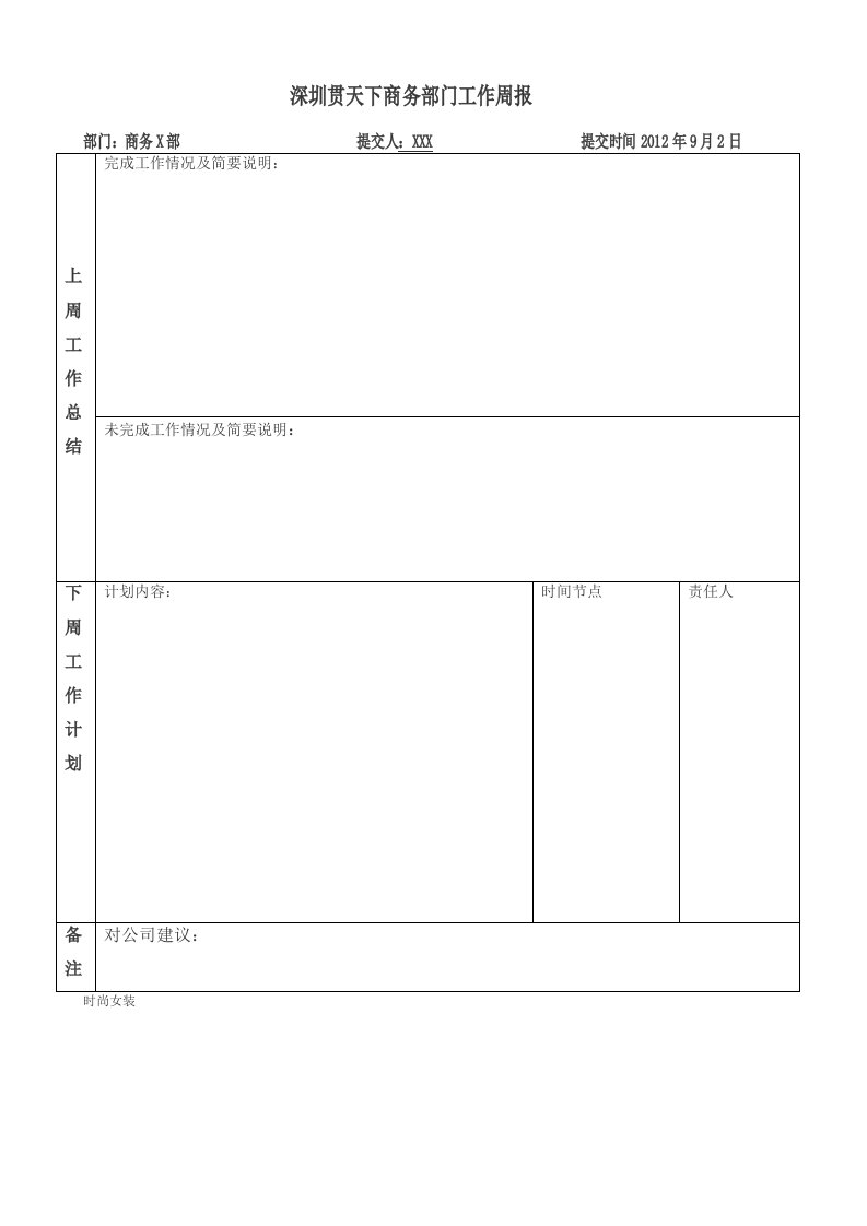 销售部门工作周报模板