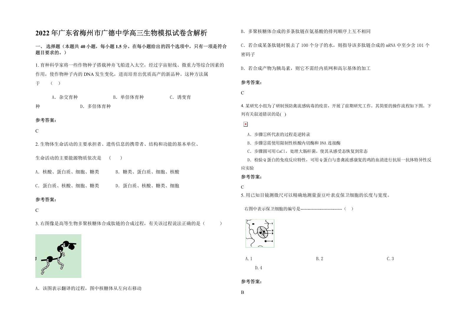 2022年广东省梅州市广德中学高三生物模拟试卷含解析