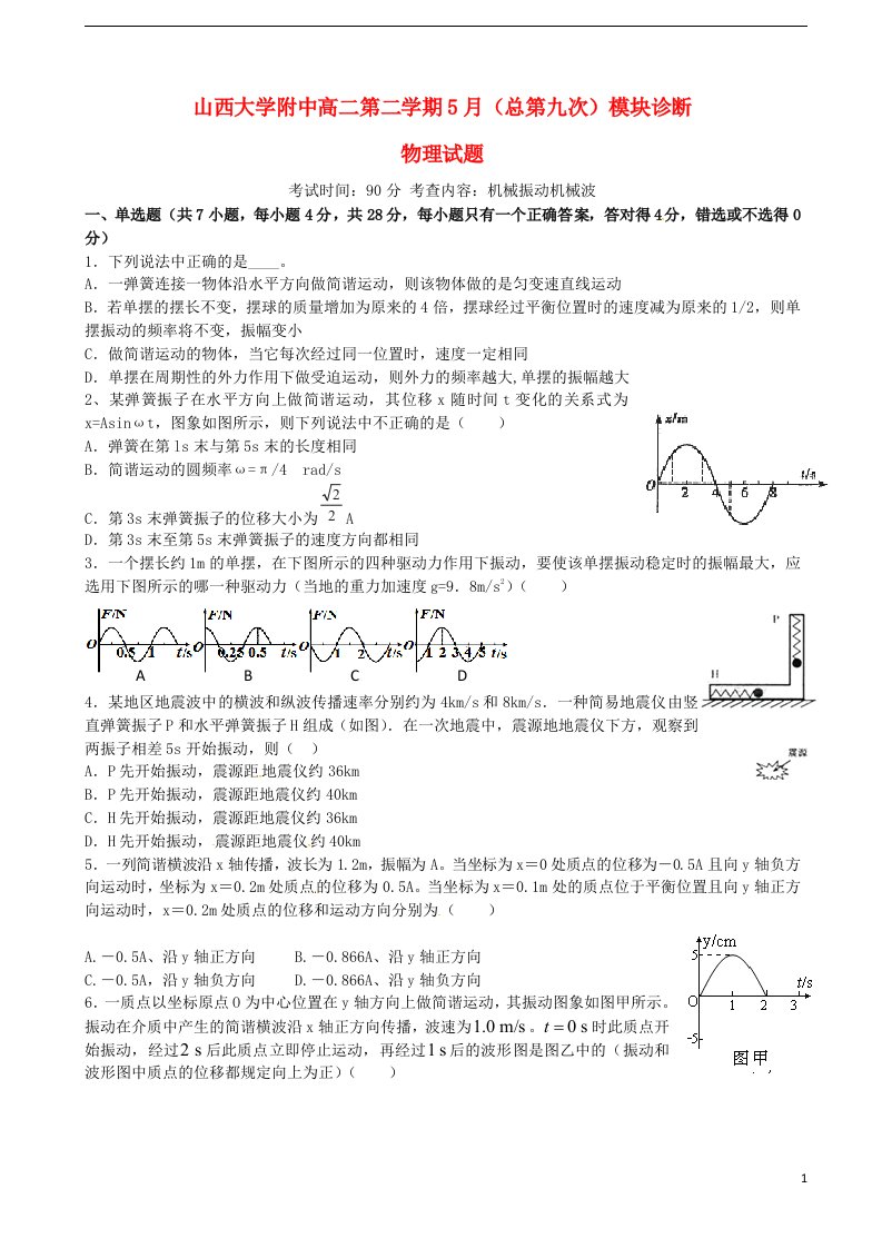 山西省山西大学附属中学高二物理5月模块诊断考试试题