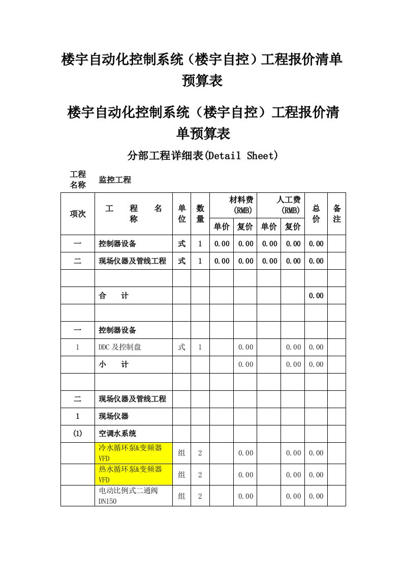 楼宇自动化控制系统(楼宇自控)工程报价清单预算表