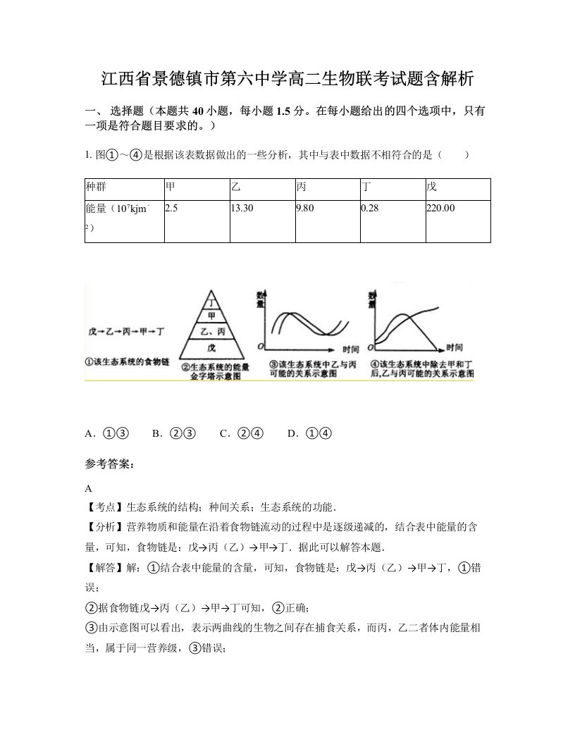 江西省景德镇市第六中学高二生物联考试题含解析