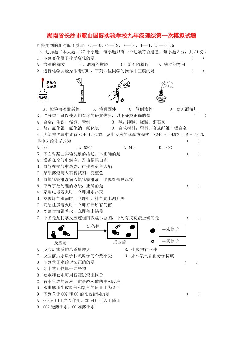 湖南省长沙市麓山国际实验学校九级理综第一次模拟试题