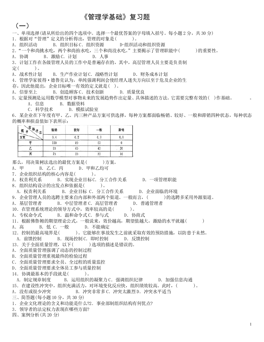 管理学基础期末试题及答案