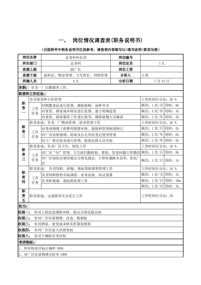 总务科科长职务说明书样本