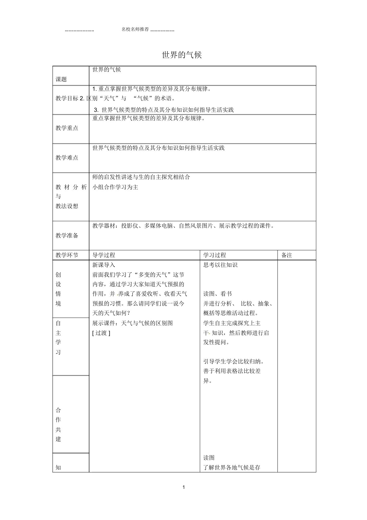 山东省临沂市蒙阴县第四中学初中八年级地理会考复习世界的气候教案新人教版