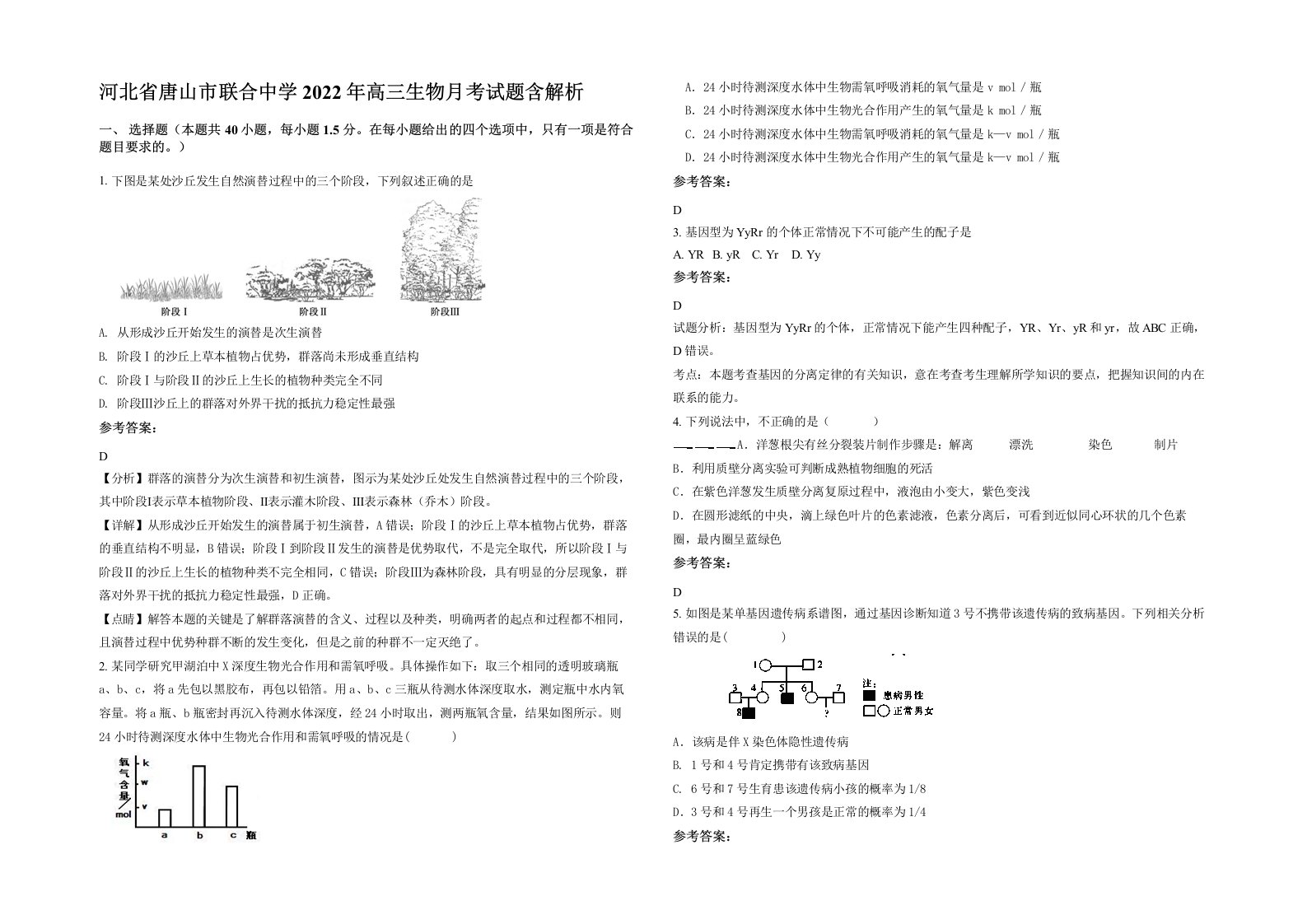 河北省唐山市联合中学2022年高三生物月考试题含解析