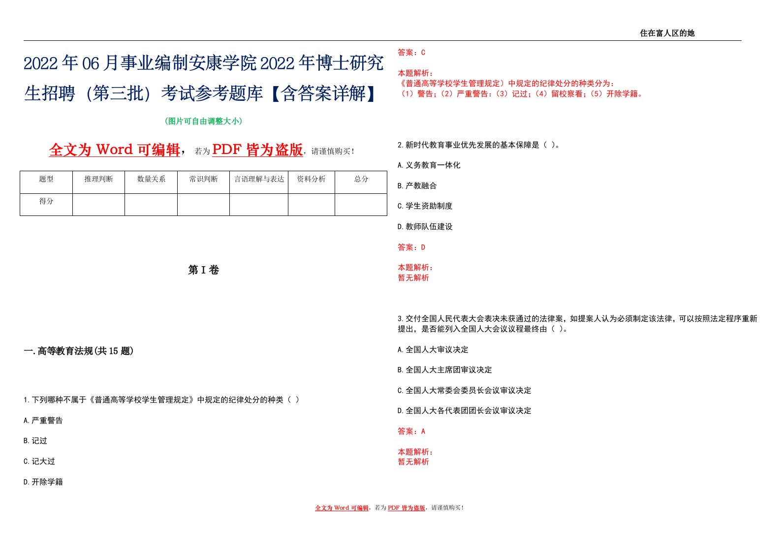 2022年06月事业编制安康学院2022年博士研究生招聘（第三批）考试参考题库【含答案详解】