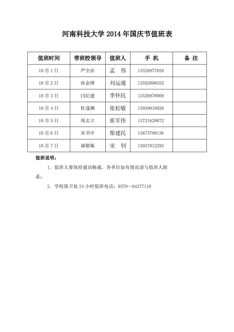 河南科技大学2014年国庆节值班表