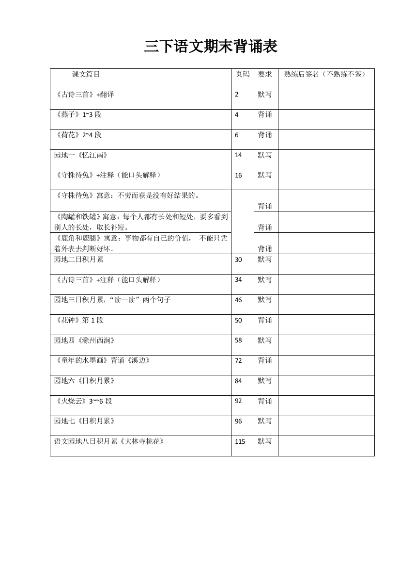 部编教材三年级下册语文背书、听写默写表