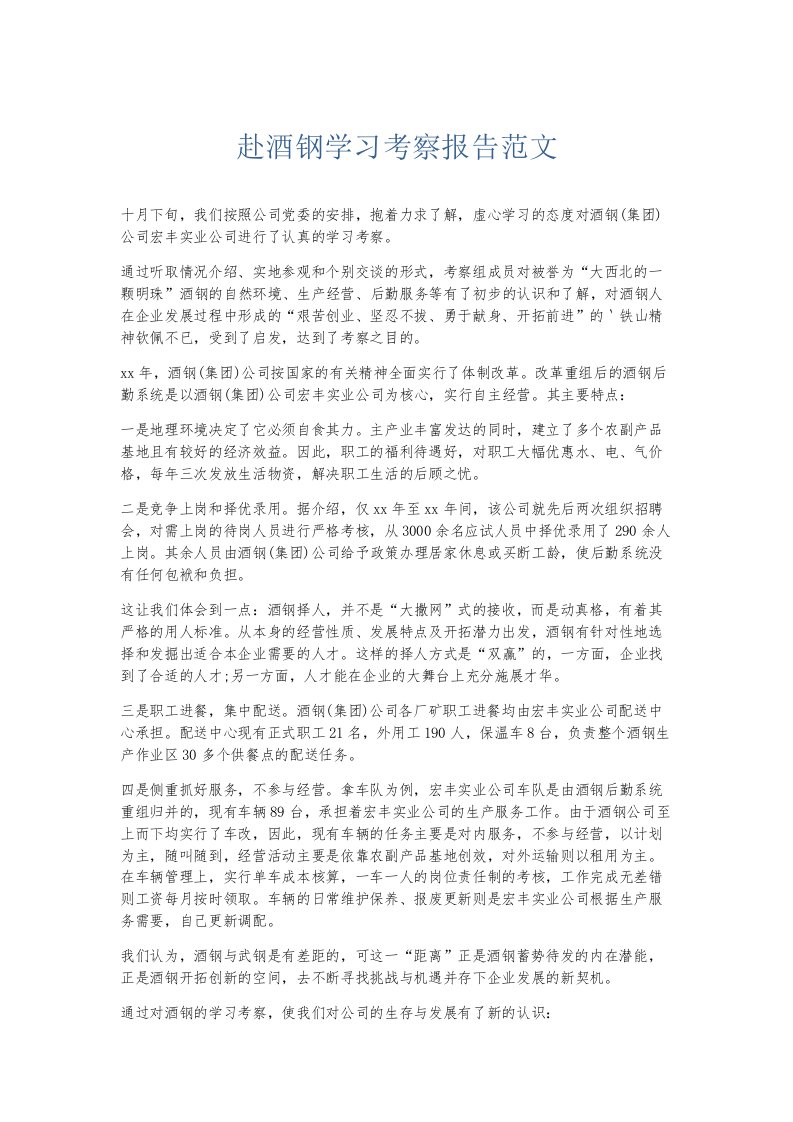 总结报告赴酒钢学习考察报告范文