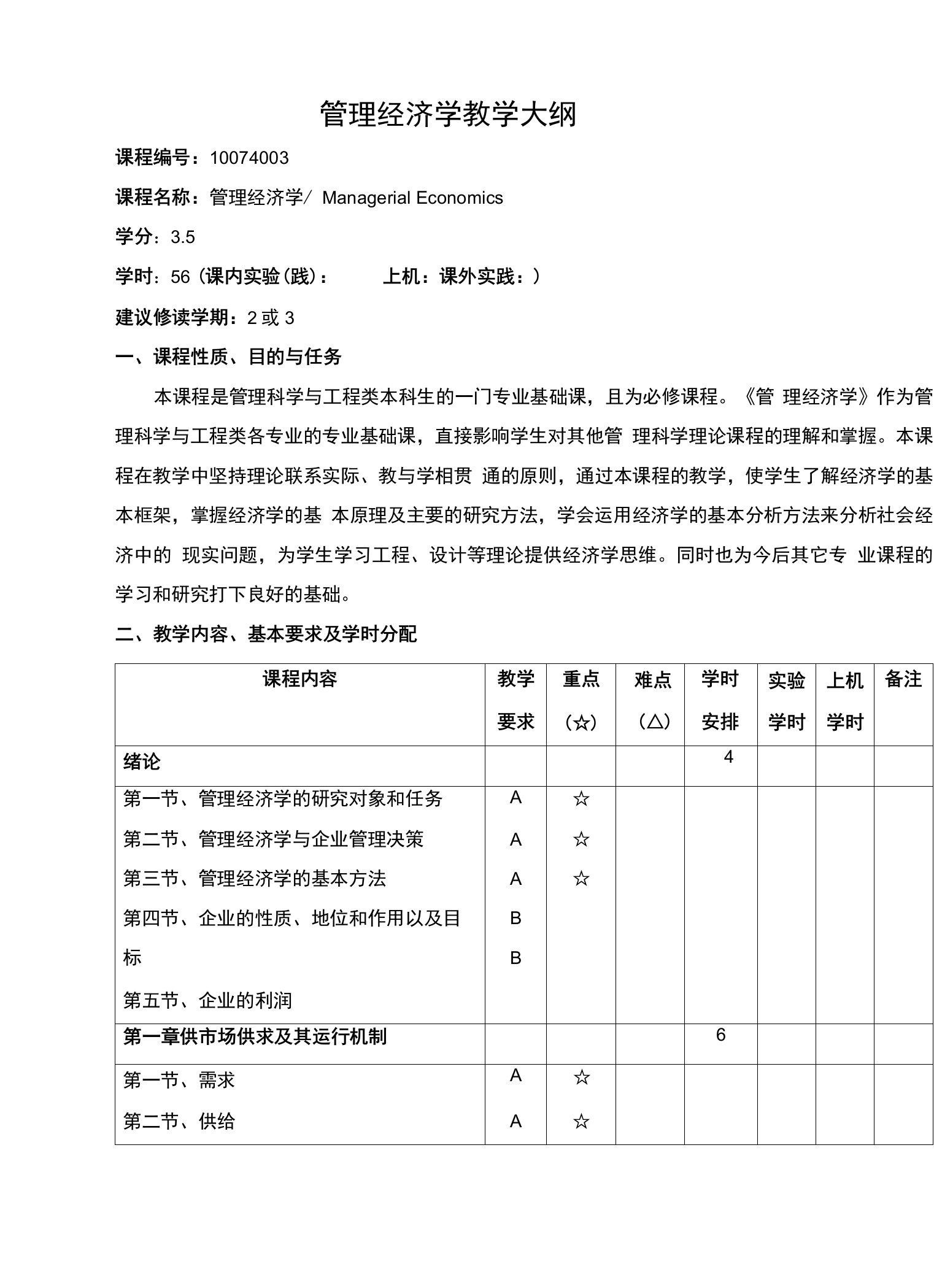 管理经济学教学大纲