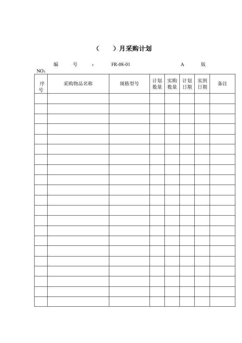 9001体系记录范本月采购计划（表格模板、DOC格式）