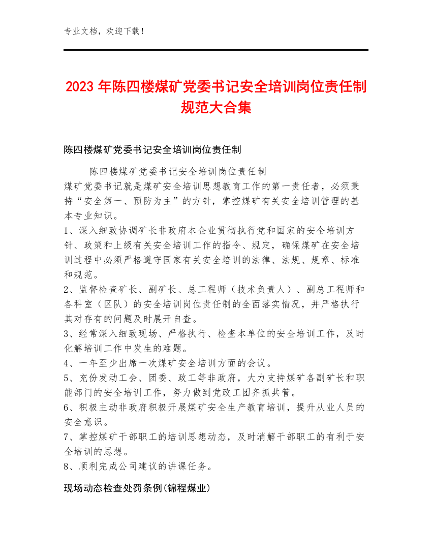 2023年陈四楼煤矿党委书记安全培训岗位责任制规范大合集