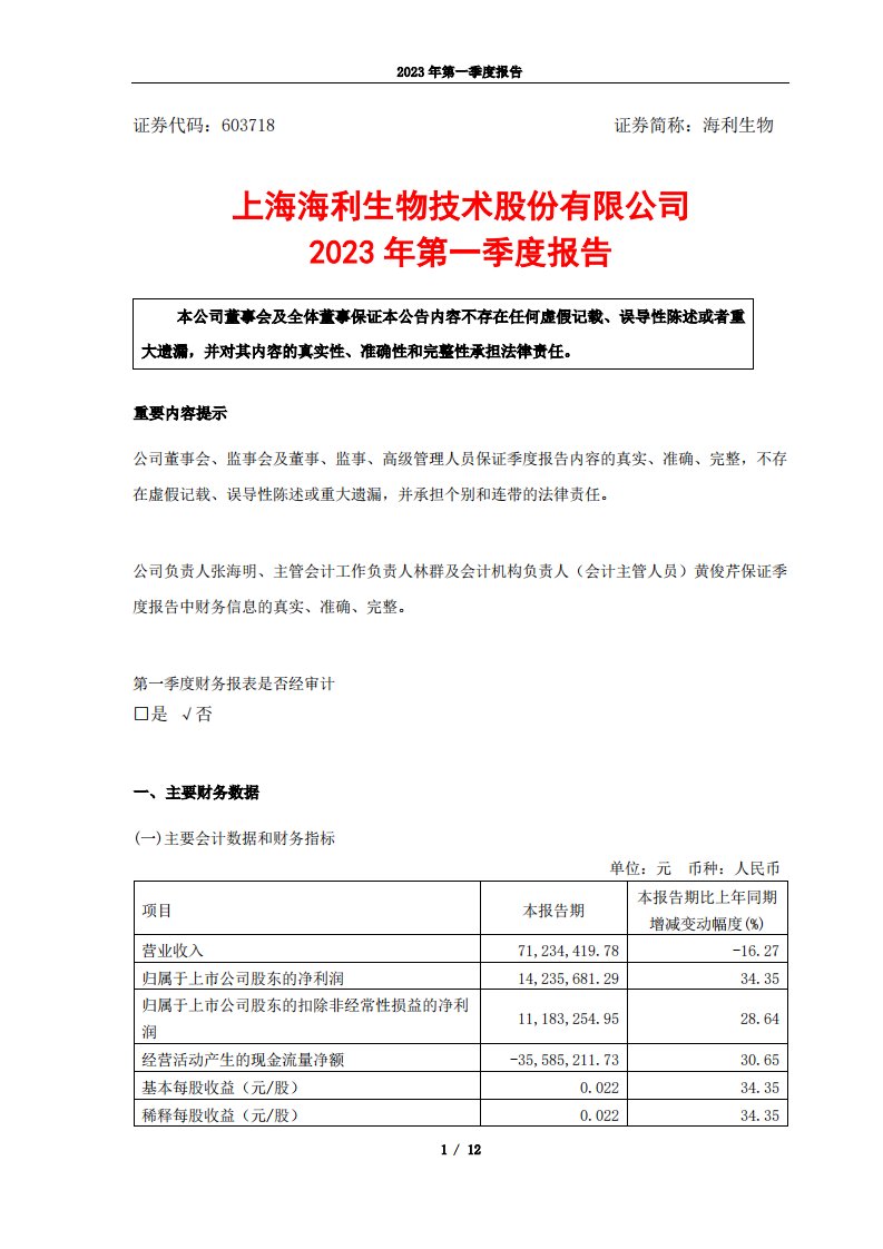 上交所-海利生物2023年第一季度报告-20230427