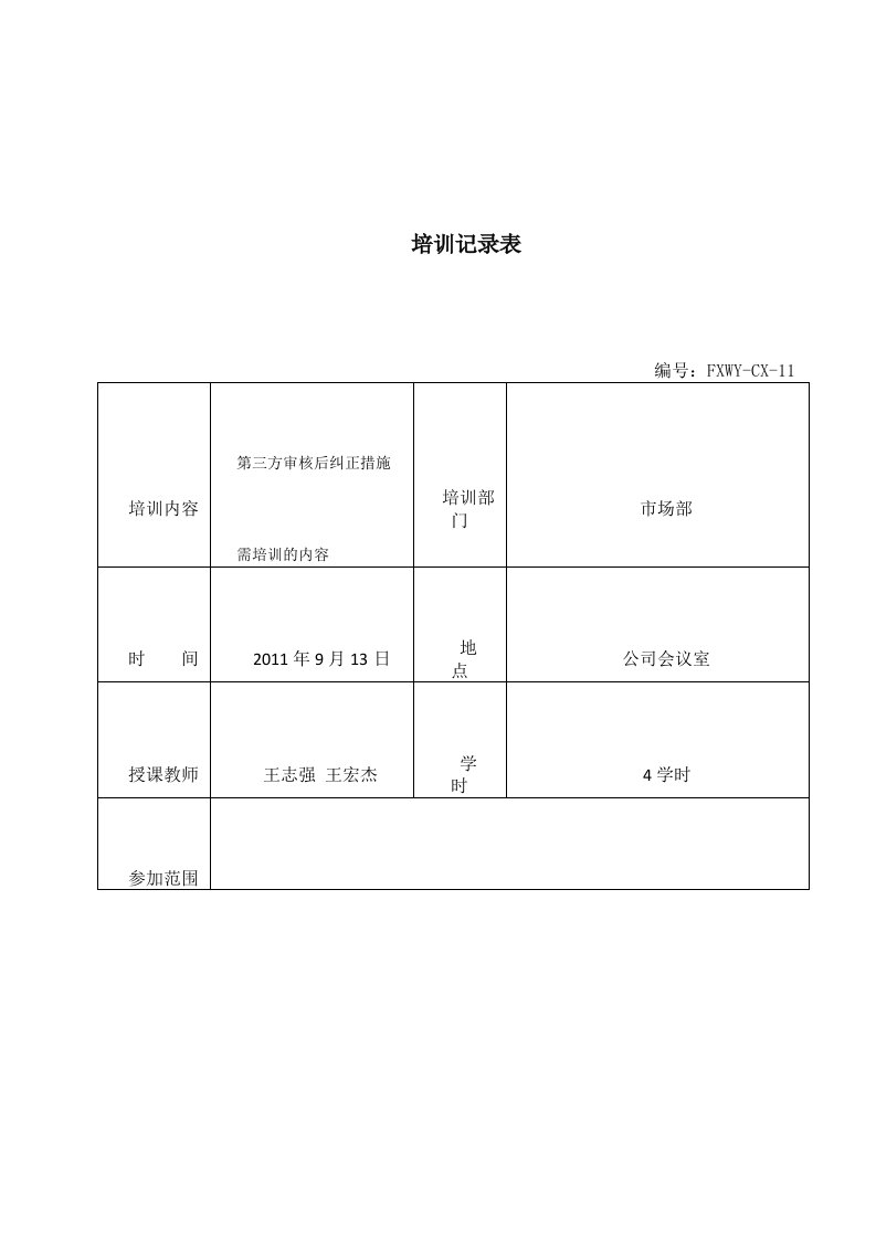 2纠正措施后培训记录