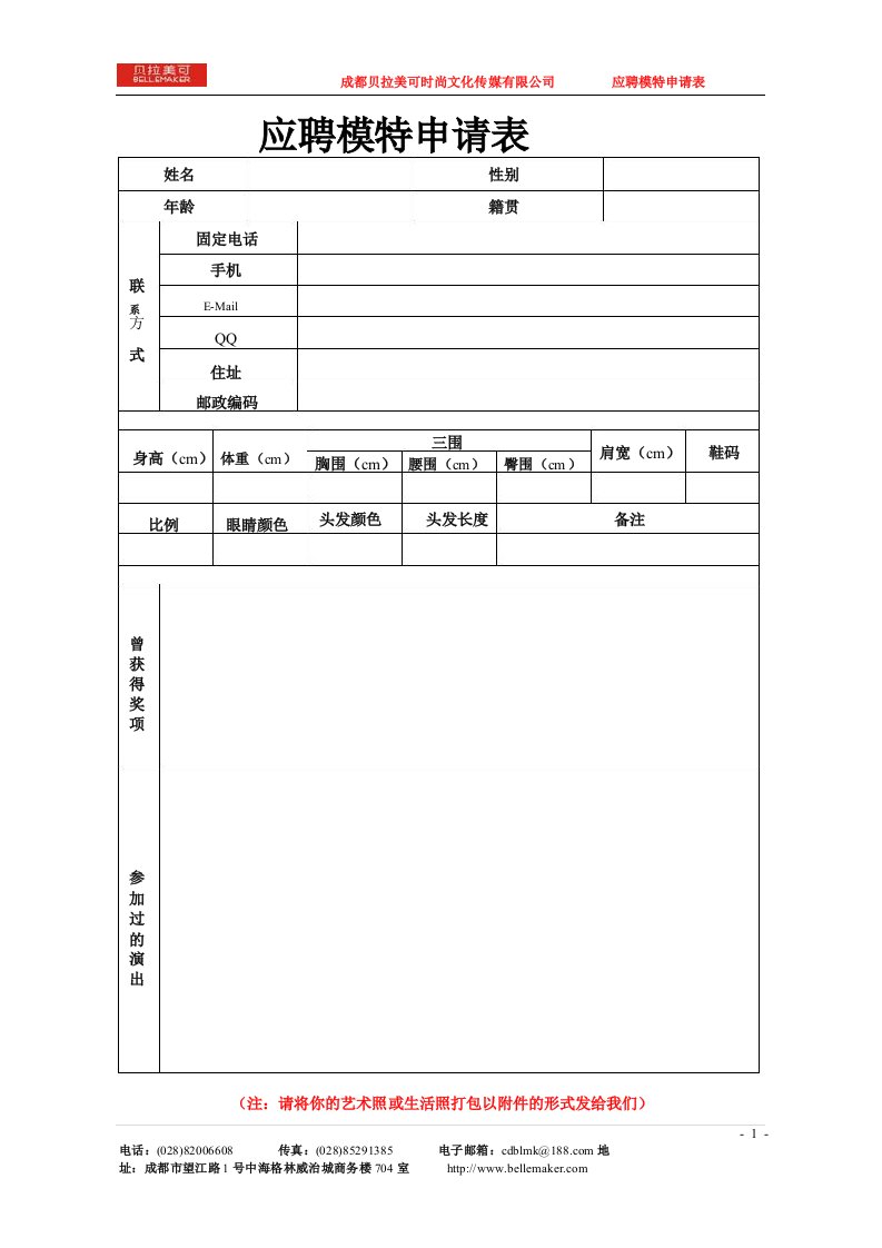 应聘模特申请表