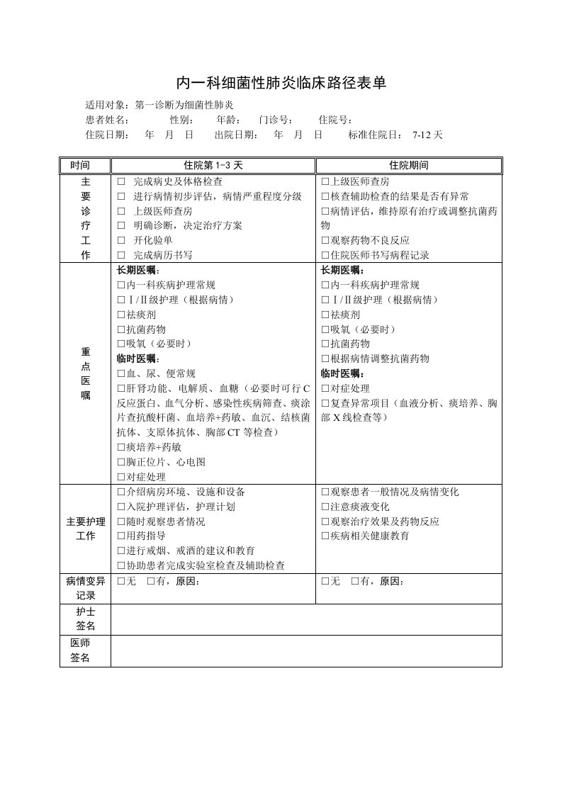 细菌性肺炎临床路径表单