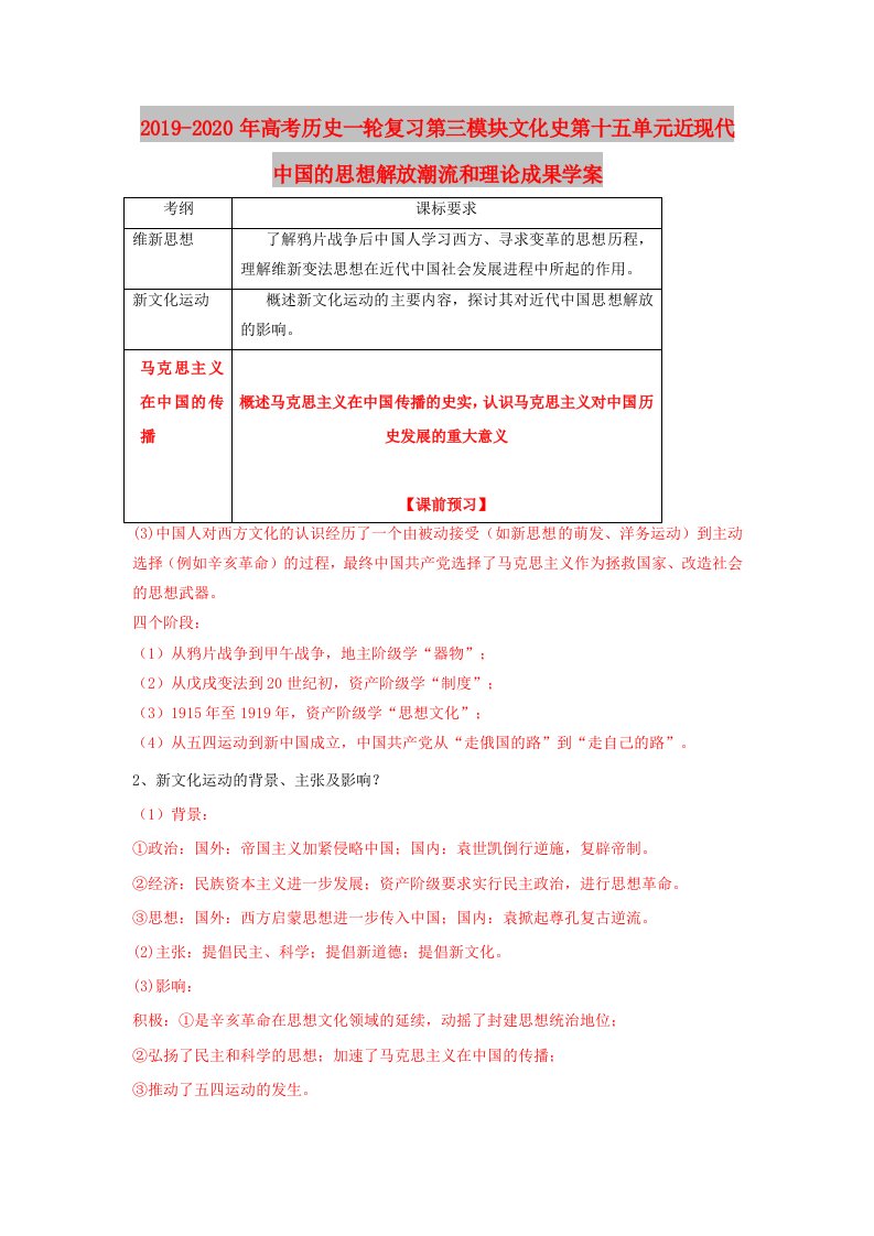 2019-2020年高考历史一轮复习第三模块文化史第十五单元近现代中国的思想解放潮流和理论成果学案