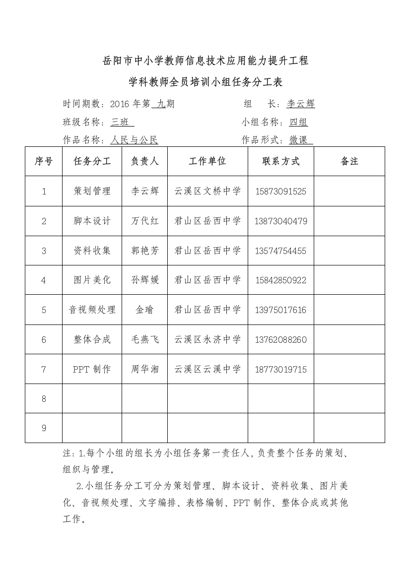 小组任务分工表（九期三班四组）