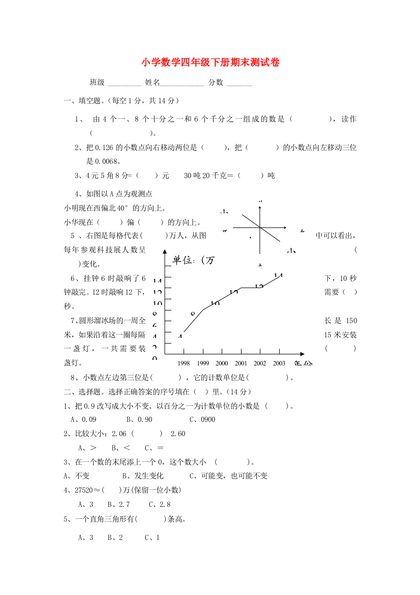 四年级数学下学期期末测试卷（无答案）