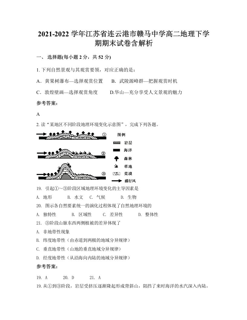 2021-2022学年江苏省连云港市赣马中学高二地理下学期期末试卷含解析