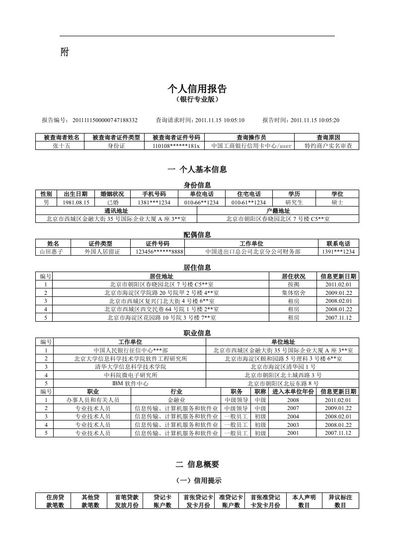 个人信用报告(银行专业版)样本【整理版】