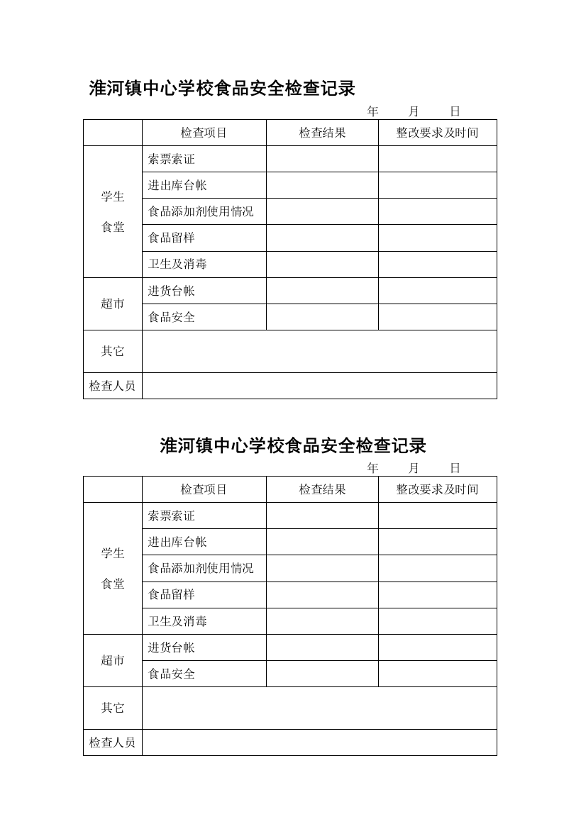 学校食堂食品安全检查记录表