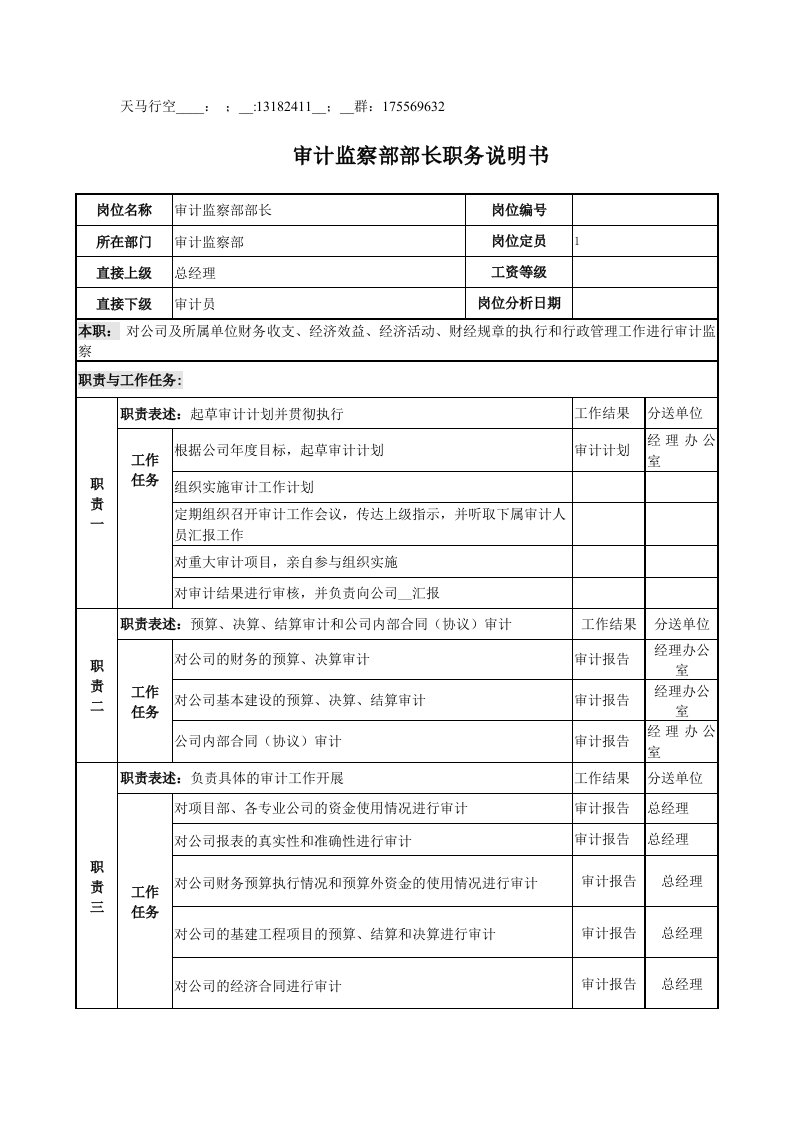 电力公司审计监察部部长岗位说明书