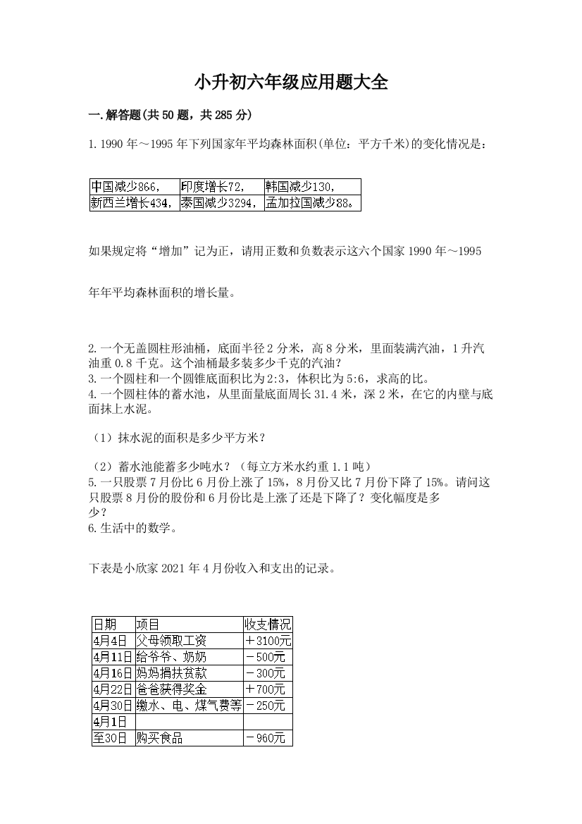 小升初六年级应用题大全免费答案